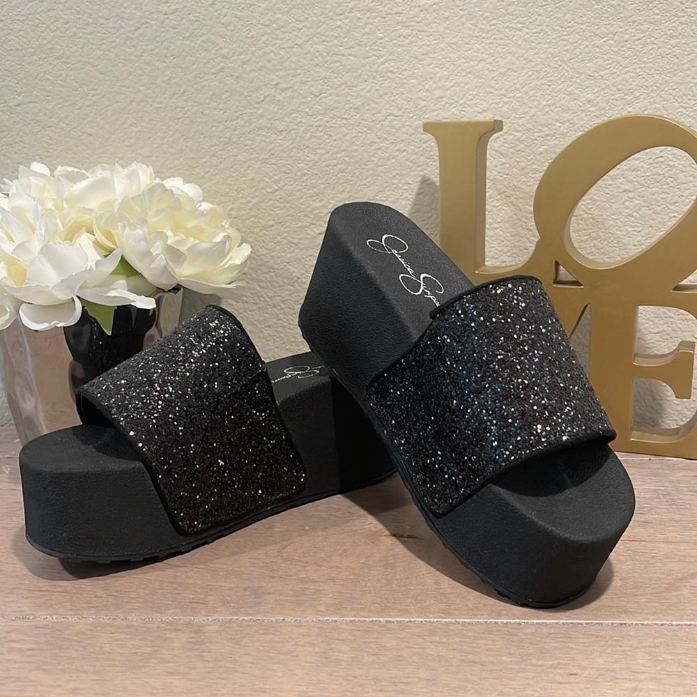 Jessica Simpson Black Sparkly Wedge Slide In Sandals SIZE 7